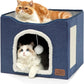 Bedsure Cat Beds for Indoor Cats - Large Cat Cave for Pet Cat House with Fluffy Ball Hanging and Scratch Pad, Foldable Cat Hideaway, 16.5x16.5x13 inches, Blue