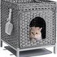 Cat Litter Box Enclosure Hidden Litter Box Furniture with Metal Heightened Feet, Rattan Handwoven Cat House with Litter Mat, Hidden Litter Box Furniture for Bedroom Living Room Gray