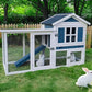 GARWOOD Large Outdoor Indoor Rabbit Hutch Wooden Bunny Rabbit Cage 2-Story with Run No-Leak Pull-Out Tray Waterproof Asphalt Roof Ramp for Guinea Pig Small Animal Wood Pet House Home Blue White