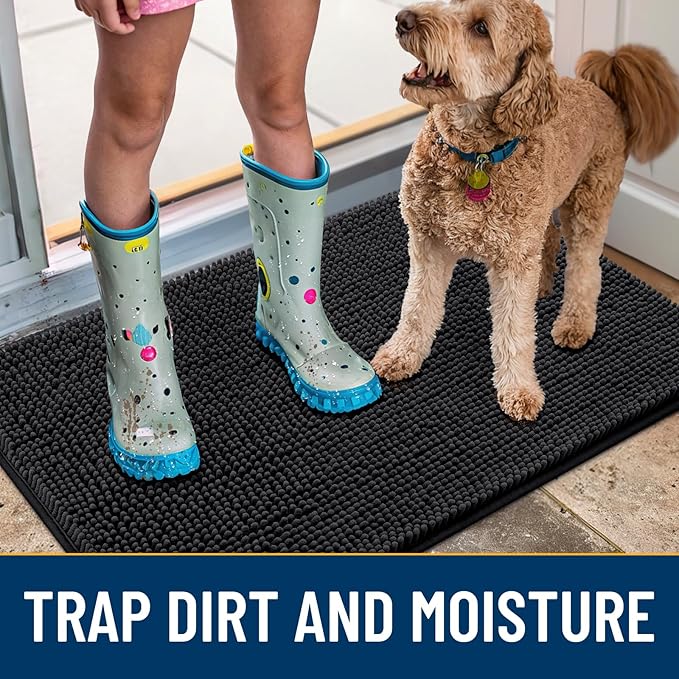 Smiry Dog Door Mat for Muddy Paws 48x30, Absorbs Moisture and Dirt Doormat, Non-Slip Washable Quick Dry Chenille Front Door Mat Indoor Entrance, Entryway Carpet for Inside Floor, Black