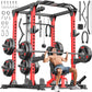 Power Cages Multi-Purpose Squat Rack with Cable Crossover System, Matching Weight Bench, Olympic Barbell Weight Set for Garage and Home Gyms