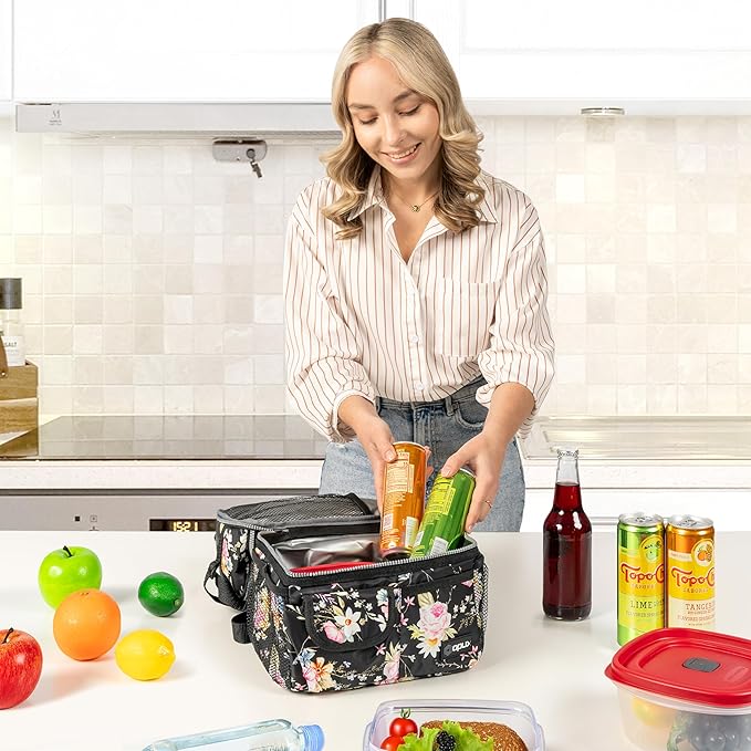 opux Lunch Bag Women Insulated, Adult Lunch Box Cooler, Flower Lunch Box, Dual Compartment Lunchbox for Work, Leakproof Double Decker Lunch Bag, Soft Lunch Pail Tote Girls Kids School, Floral Black