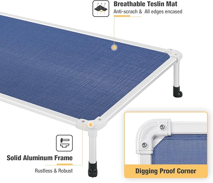 Veehoo Chew Proof Elevated Dog Bed - Cooling Raised Pet Cot - Silver Aluminum Frame and Durable Textilene Mesh Fabric, Unique Designed No-Slip Feet for Indoor or Outdoor Use, Blue, X-Large, CWC2003