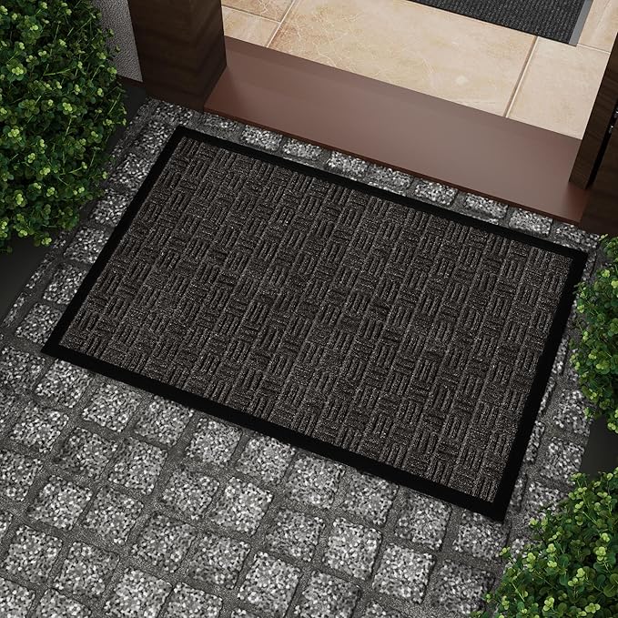 Indoor/Outdoor Hose-Wash Embossed Design Non-Slip Rubber 2x3 Modern Entryway Mat for Entryway, Patio, Backyard, Garage, 24" x 36", Black