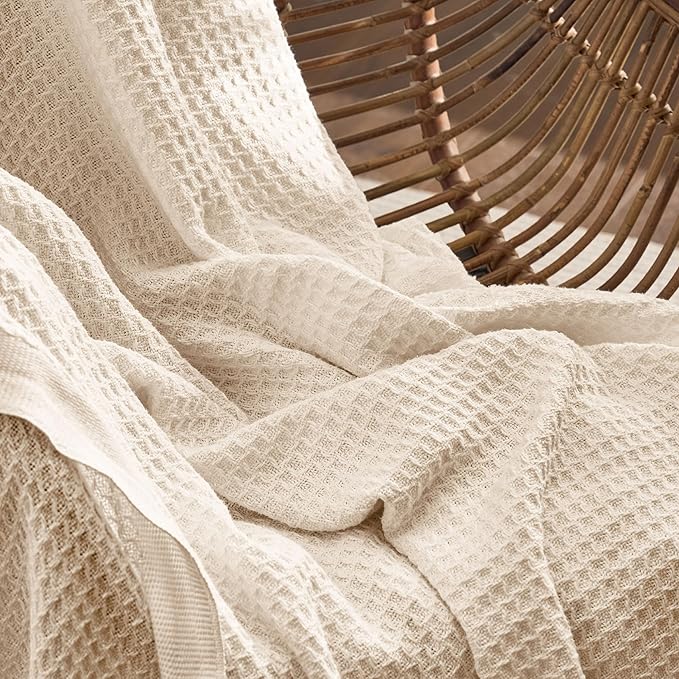 Bedsure 100% Cotton Blanket King Size for Bed - Breathable and Soft, Waffle Weave Blanket for Summer, Thick Cozy Fall Blankets for Women Gift, Yellowish Cream, 104x90 inches