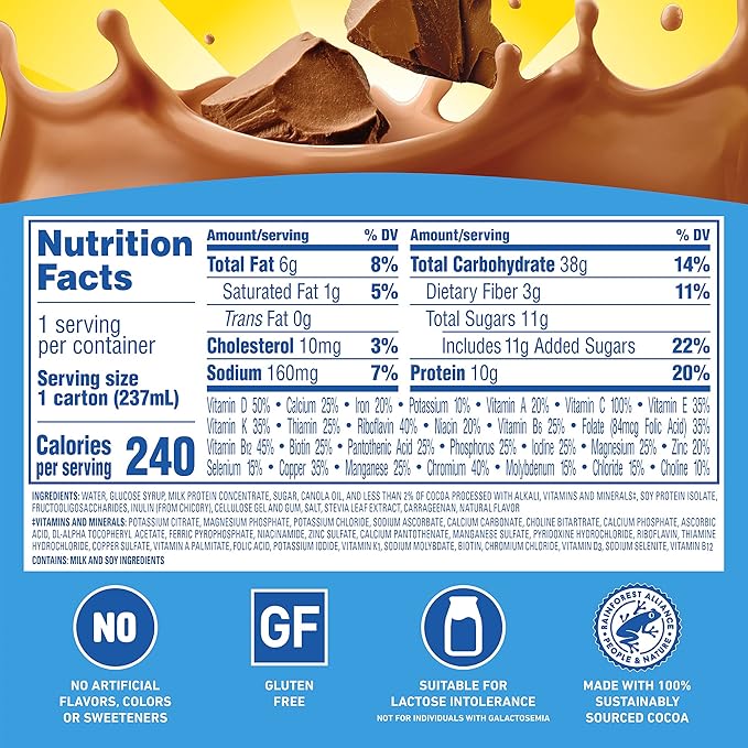 Carnation Breakfast Essentials Ready to Drink with Fiber, Rich Milk Chocolate, 8 FL OZ Carton (Pack of 24)