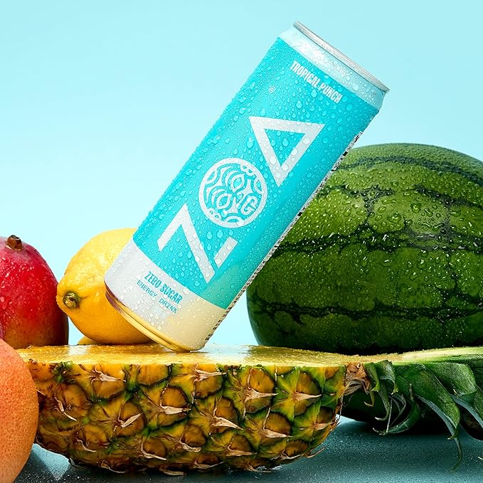 ZOA Zero Sugar Energy Drinks, Tropical Punch - Sugar Free with Electrolytes, Healthy Vitamin C, Amino Acids, Essential B-Vitamins, and Caffeine from Green Tea - 12 Fl Oz (12-Pack)
