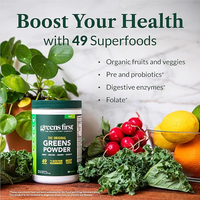 Greens First Original Greens Powder - 49 Superfoods - Organic Fruits & Veggies - Prebiotics, Probiotics & Digestive Enzymes - Antioxidant Smoothie - Dairy Free/Vegan/Non-GMO (Peach Mango, 60 Servings)