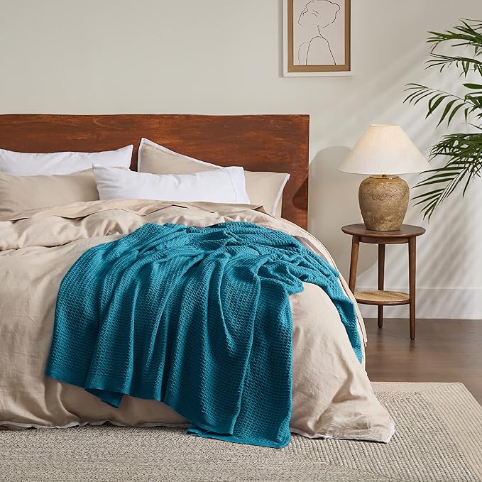 Bedsure 100% Cotton Blanket Twin XL Size for College Dorm - Breathable and Soft, Waffle Weave Twin Blanket for Summer, Dorm Room Essentials, Teal, 66x90 inches