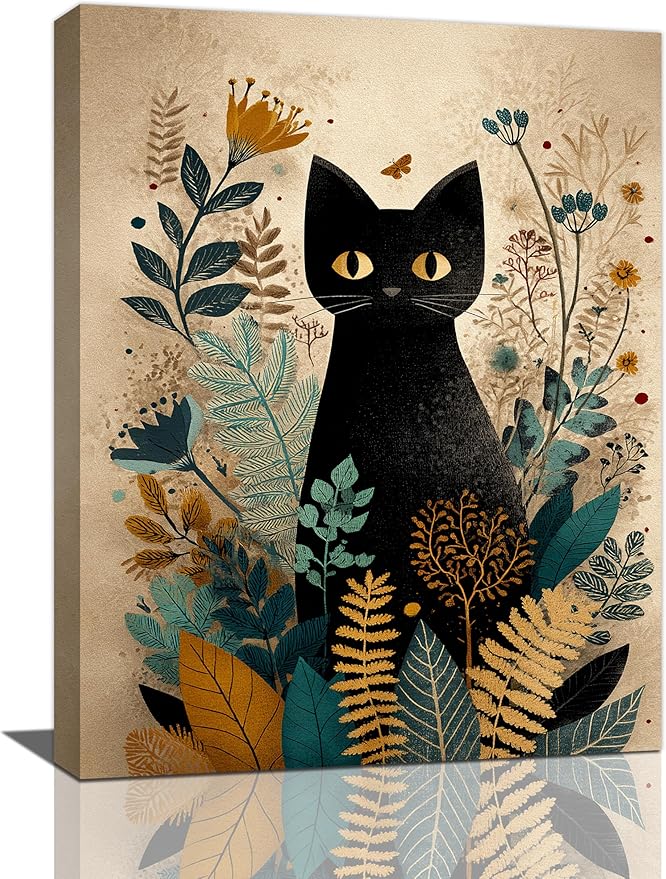 Boho Black Cat Wall Art Kitten Botanical Wall Decor Mid Century Modern Canvas Painting Print Minimalist Pictures Artwork Framed Decorations Gifts for Cat Lover Bathroom Nursery Living Room Bedroom Kitchen 12"x16"