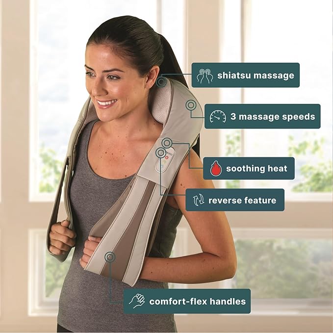 HoMedics Shiatsu Deluxe Neck & Shoulder Massager with Heat | Shiatsu Massager, 3 Speeds, Changes Direction | Muscle Kneading for Neck, Shoulders, Back, & Legs, Portable, Convenient Straps | Thera-P