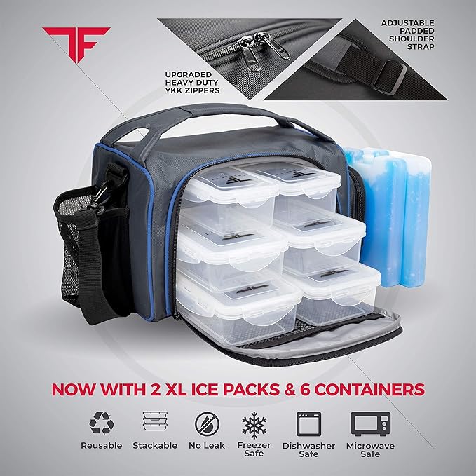 ThinkFit Insulated Lunch Box with 6 Portion Control Containers, Pill Dispenser, Shaker Cup & Ice Packs - BPA-Free, Reusable, Microwavable, Freezer Safe - Blue
