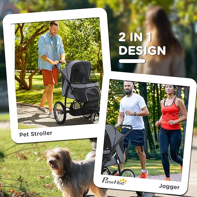 PawHut 3 Wheels Pet Stroller for Small and Medium Dogs, Foldable Cat Stroller Jogger with Adjustable Canopy, Safety Tether, Cushion, Storage Basket, Gray