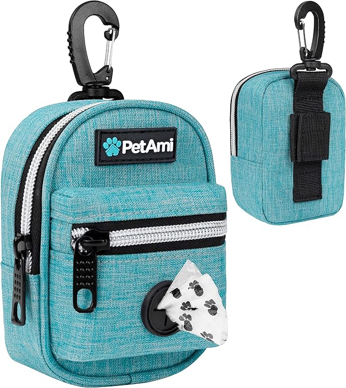 PetAmi Dog Poop Bag Holder for Leash, Pet Waste Dispenser With Clip for Puppy Walking Accessories, Travel Camping, Treat Pouch Supplies With Doggy Roll, Blue
