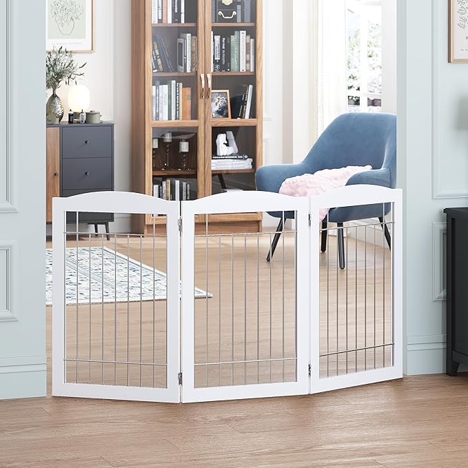 Spirich Freestanding Wire Pet Gate for Dogs, Tall Dog Gate for The Houes, Doorway, Stairs, Pet Puppy Safety Gate with Sliver Wire 60 Inches Extra Wide, 30 Inches Tall, 3 Panels, White