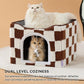 Lesure Indoor Cat Beds Kitten House - Large Cat Cave for Pet Cube with Fluffy Ball Hanging, Foldable Small Animal Hideaway, 16.5x16.5x13 inches, Brown Checks