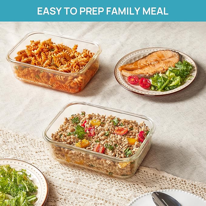Vtopmart 2Pack 1860ml/ 63oz Large Glass Storage Containers with Lids, Meal Prep Food Container Set with Snap Airtight Lid for Baking, Microwave, Oven, Leak Proof, for Freezer, Dishwasher, Green
