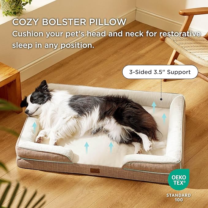 Bedsure Orthopedic Dog Beds Large Sized Dog - Washable Large Dog Cat Bed Waterproof, Comfort Dogs Couch Sofa with Washable Removable Cover, Pet Bed with Nonskid Bottom, Plaid-Brown, 35"