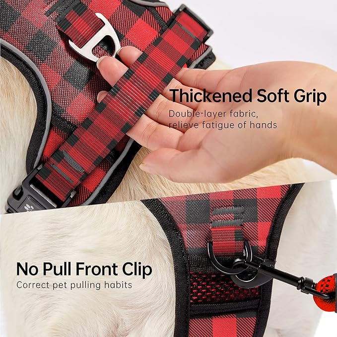 NESTROAD No Pull Dog Harness with Leash, Reflective No Choke Pet Vest Harness,Adjustable Soft Padded Dog Harness with Easy Control Handle for Large Dogs(Checkered Red,Large)