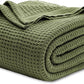 Bedsure 100% Cotton Blanket Queen Size for Bed - Breathable and Soft, Waffle Weave Blanket for Summer, Thick Cozy Fall Blankets for Women Gift, Olive Green, 90x90 Inches