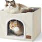 Bedsure Cat Beds for Indoor Cats - Large Cat Cave for Pet Cat House with Fluffy Ball Hanging and Scratch Pad, Foldable Cat Hideaway, 16.5x16.5x13 inches, Ivory