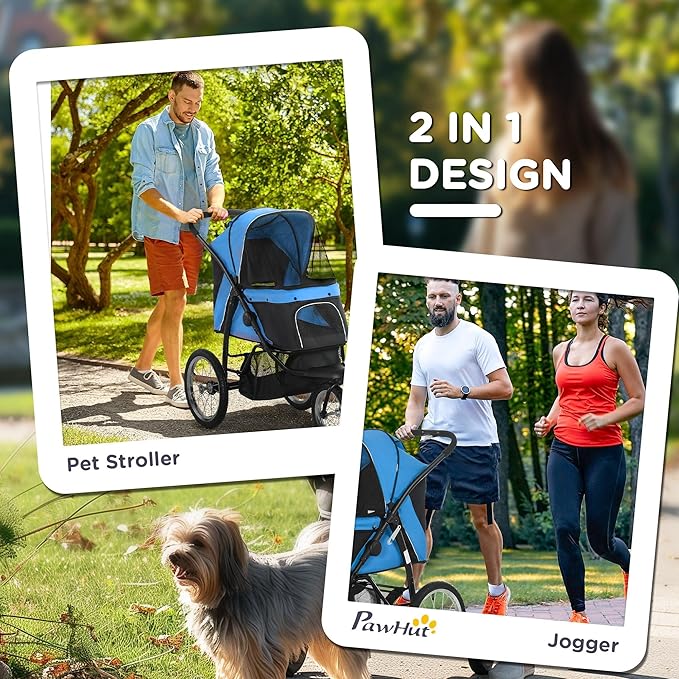 PawHut 3 Wheels Pet Stroller for Small and Medium Dogs, Foldable Cat Stroller Jogger with Adjustable Canopy, Safety Tether, Cushion, Storage Basket, Blue