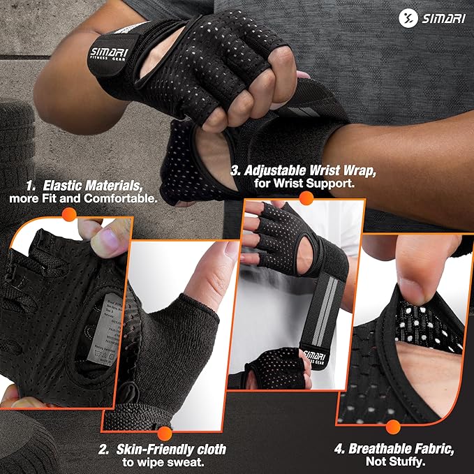 SIMARI Breathable Workout Gloves for Men Women, Padded Weight Lifting Gloves with Wrist Wraps Support, Full Palm Protection, Grip for Gym Training, Fitness, Weightlifting, Exercise Fingerless Black