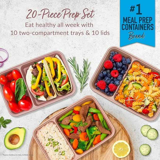 Bentgo 20-Piece Lightweight, Durable, Reusable BPA-Free 2-Compartment Containers - Microwave, Freezer, Dishwasher Safe - Rose Gold
