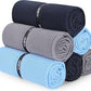 Microfiber Gym Towels with Snap Strap Closure, Ribbed Pattern Sports Towels for Yoga, Home and Outdoor Activities, 27” x 16”, 6 Pack, Black/Grey/Light Blue
