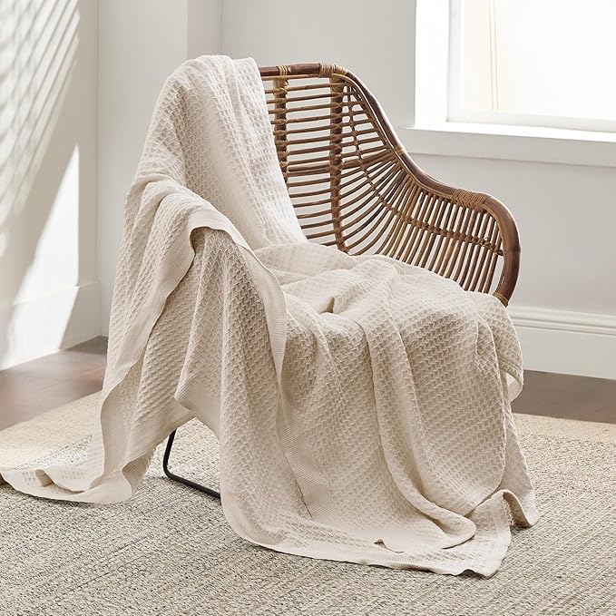 Bedsure 100% Cotton Large Throw Blanket for Couch 50x70 inches - Breathable and Soft, Waffle Weave Throw Blanket for Office, Khaki (a Little Bit Yellow)