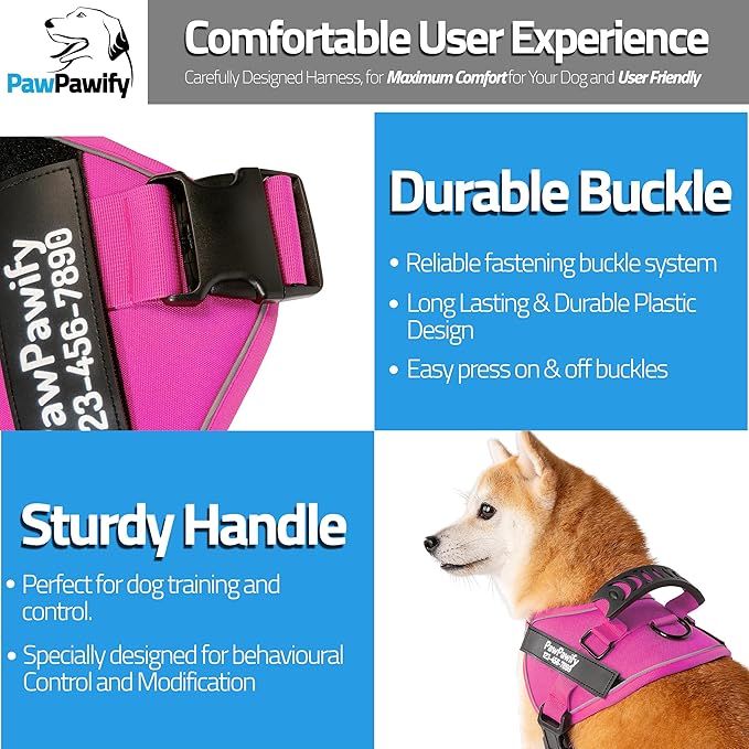 PawPawify Custom No Pull Dog Harness with Name and Phone Number, Heavy Duty Personalized Pet Vest to Prevent Tugging, Pulling, or Choking, Training and Walking (New Pink, L (40-60 LBS))