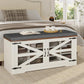 Farmhouse Storage Bench with Cushion, Metal and Wood Shoe Rack Organizer, Adjustable Shelf, Shoe Cabinet with Half Hidden Storage Space, for Entryway, Bedroom, Living Room (Old White, 43.3in)