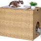 Cat Litter Box Enclosure with Litter Trapping Mat; Handwoven Plastic Rattan Cat House; No Installation Hidden Cat Washroom; Pet Crate for Balcony,Bedroom,Living Room