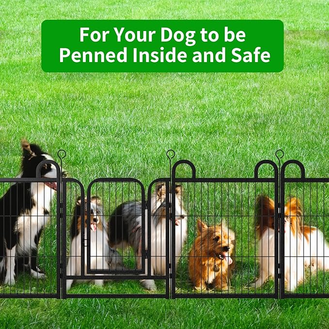 Puppy Playpen 8 Panels Small Dog Fence Outdoor Indoor Use 24" Height Anti-Rust with Doors Portable Dog Play Pen for RV Camping Yard, Total 15FT, 17 Sq.ft, Snowy Black