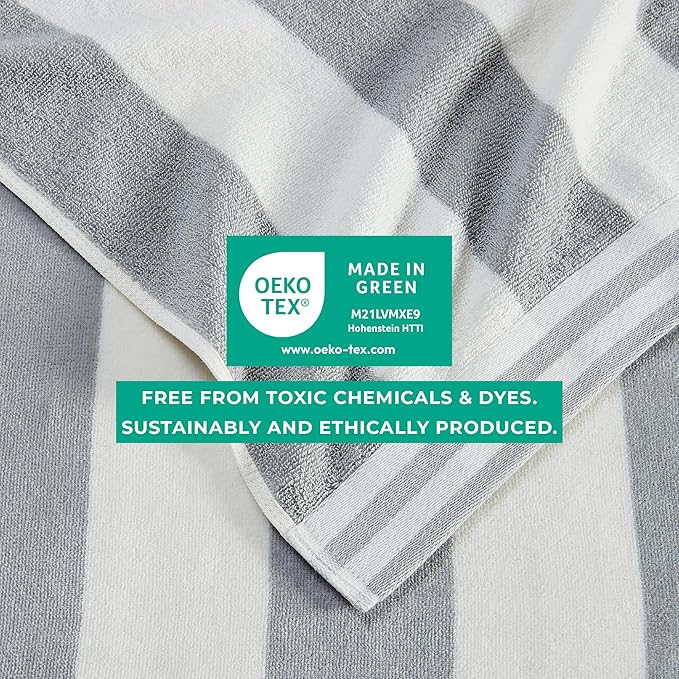 Great Bay Home 100% Cotton Velour 4 Pack Beach Towels 30" x 60" - Grey Cabana Stripe Pool Towels - Quick Dry, Large Swim Towels