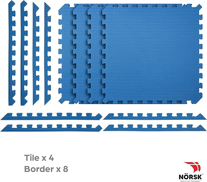 Norsk Reversible Gym Exercise Mats 3/4" Thick EVA Interlocking Foam Tiles, Perfect Home Gym Flooring, 36 Tiles & 72 Trim Pieces, 144 Sq. Ft. Reversible, Dazzling Blue/Black