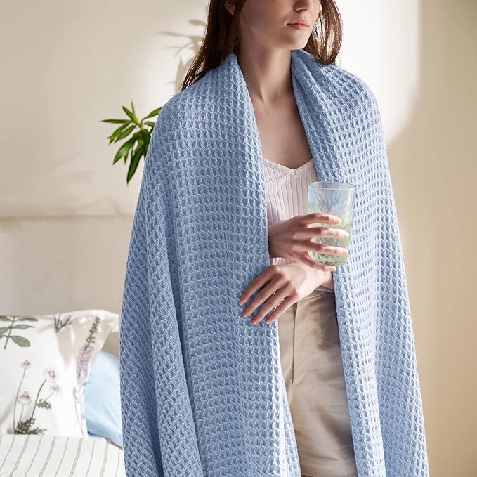 Bedsure 100% Cotton Blanket King Size for Bed - Breathable and Soft, Waffle Weave Blanket for Summer, Thick Cozy Fall Blankets for Women Gift, Sky Blue, 104x90 inches