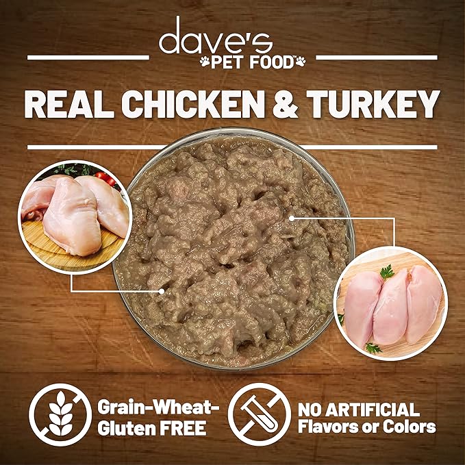Dave's Pet Food Grain Free Wet Cat Food (Chicken & Turkey Saucey Pate), Naturally Healthy Canned Cat Food, Added Vitamins & Minerals, Wheat Free, 5.5 oz (24 Pack)
