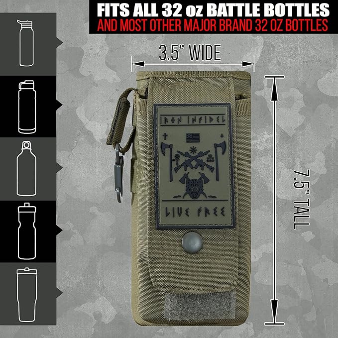 Iron InfideI Battle Bottle Sleeve - 64 oz and 32 oz Water Bottle Sleeve Only for Half Gallon 1L Steel Water Bottle | Rugged Cover with Molle for Versatile Design with Storage for Phone, Wallet & Keys
