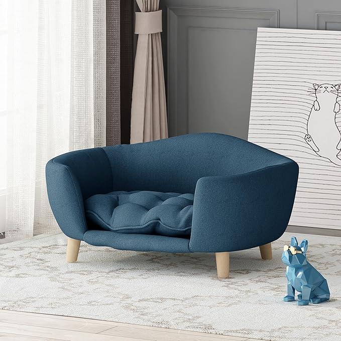 Christopher Knight Home Elroy Orthopedic Dog Bed, Elevated Dog Sofa Bed for Small Dog, Supportive Foam Pet Couch Bed with Wooden Legs, Modern Pet Sofa Bed, Navy Blue
