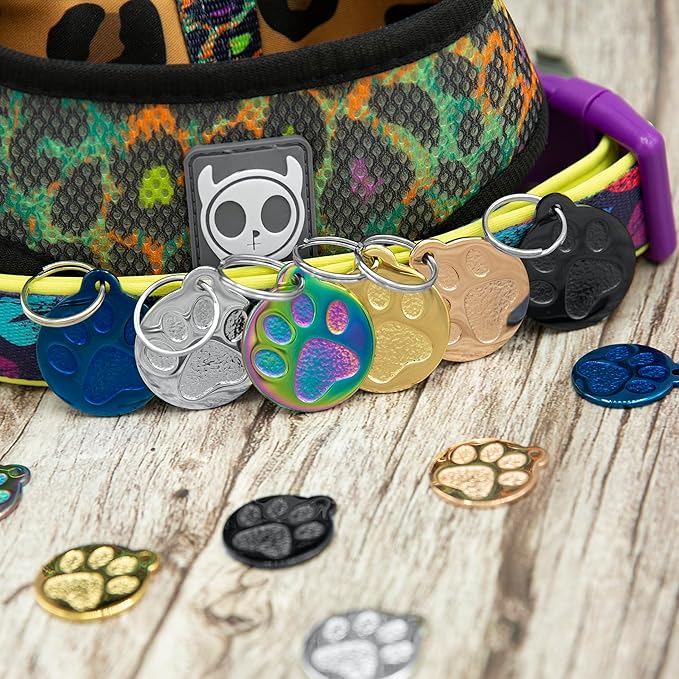 Engraved Pet Tag for Dogs and Cats - Personalized Front & Back up to 4 Lines of Text Custom Engraved ID, Round Paw Print Solid Plating Stainless Steel Black Regular