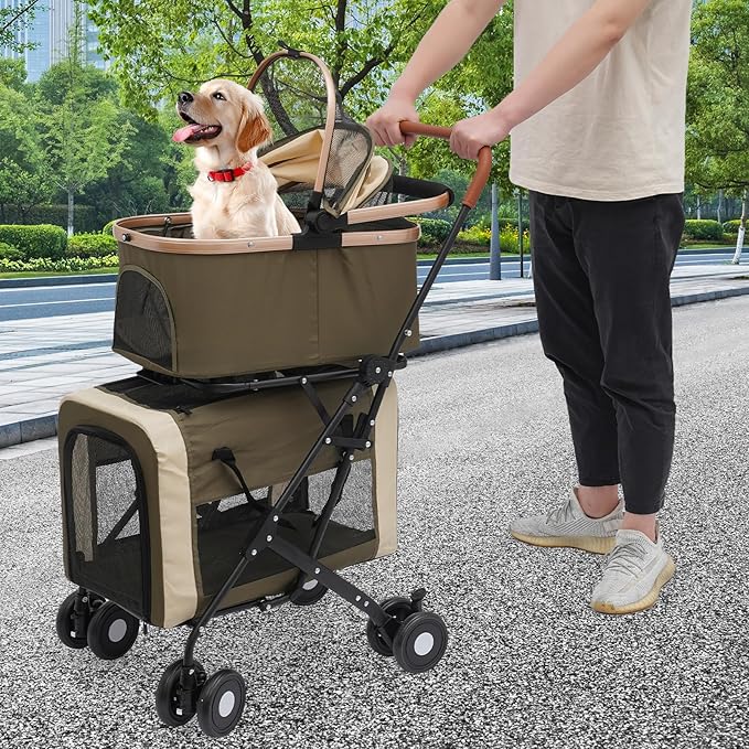 2-Layers Pet Stroller for 2 Cats/Dogs,Foldable Lightweight 77lbs Capacity Carrier, 4 Wheels, Removable Basket & Storage Pocket,for Small Pets (Green)