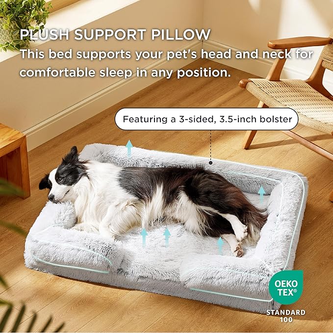 Bedsure Orthopedic Dog Beds Large Sized Dog - Washable Large Dog Cat Bed Waterproof, Comfort Dogs Couch Sofa with Washable Removable Cover, Pet Bed with Nonskid Bottom, Long Faux Fur-Misty Grey, 35"