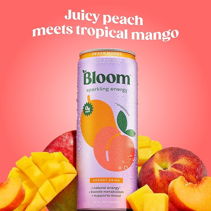 Bloom Nutrition Sparkling Energy Drink - Natural Caffeine, Zero Sugar, 180mg Caffeine - Antioxidant-Rich w/Green Coffee Bean, Green Tea Extract, Prebiotics - 12oz 12 pk