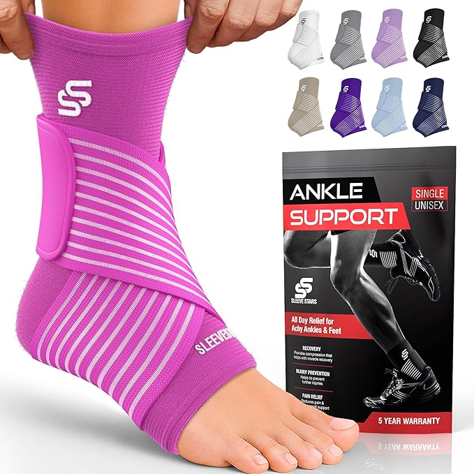 Sleeve Stars Ankle Brace for Women & Men, Ankle Wrap for Sprained, Compression Sleeve for Plantar Fasciitis Relief, Easy Customizable Support: w/ Removable Strap (Single/M:10"-12"/Hot Pink)