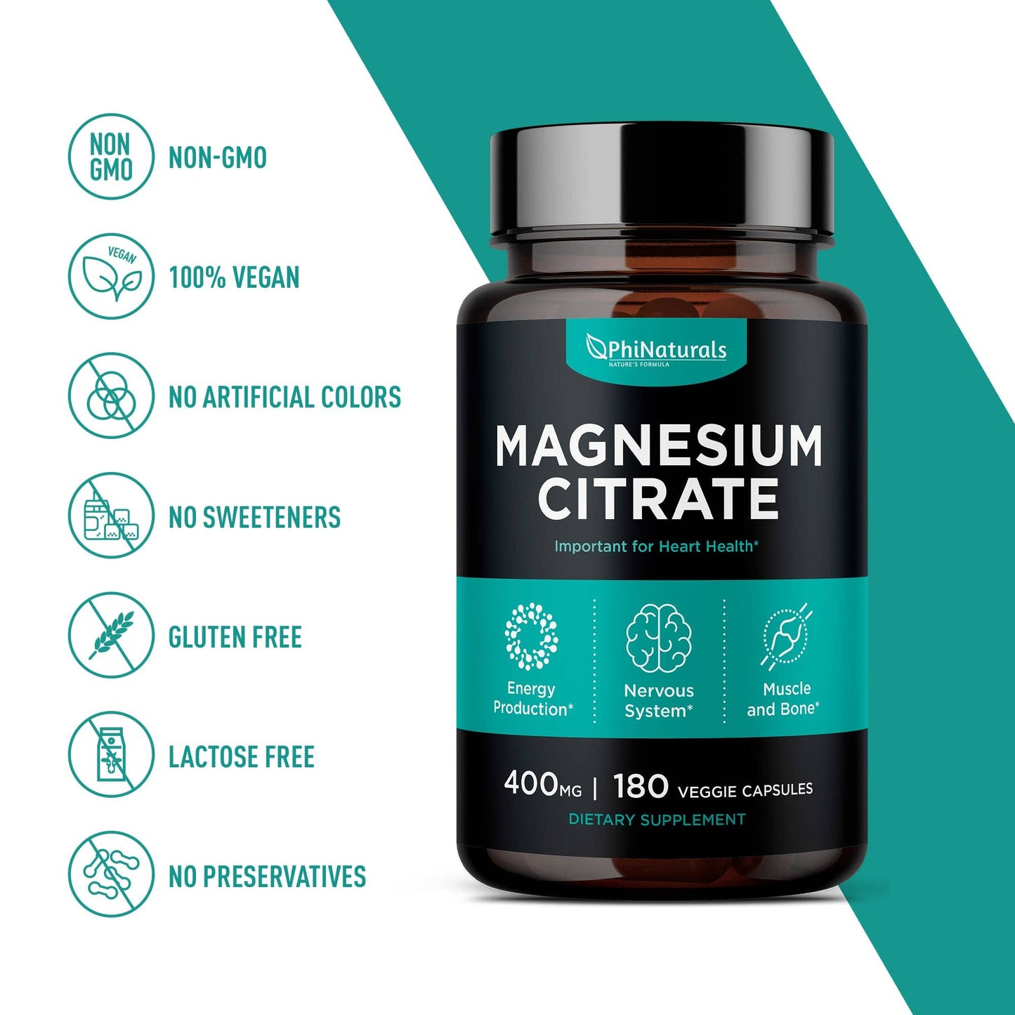 Phi Naturals Magnesium Citrate 400mg – Sleep, Relaxation, Muscle & Energy Support | Non-GMO, Gluten Free