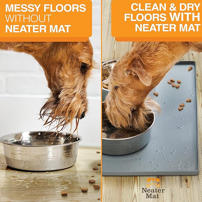 Neater Pet Brands Neater Mat Pet Mats for Food and Water, Cat & Dog Bowl Mat Waterproof Silicone, Feeding Tray, Dog Food Mats for Floors, Placemat w/Raised Edge for Under Bowls, 16” x 10”, Grey