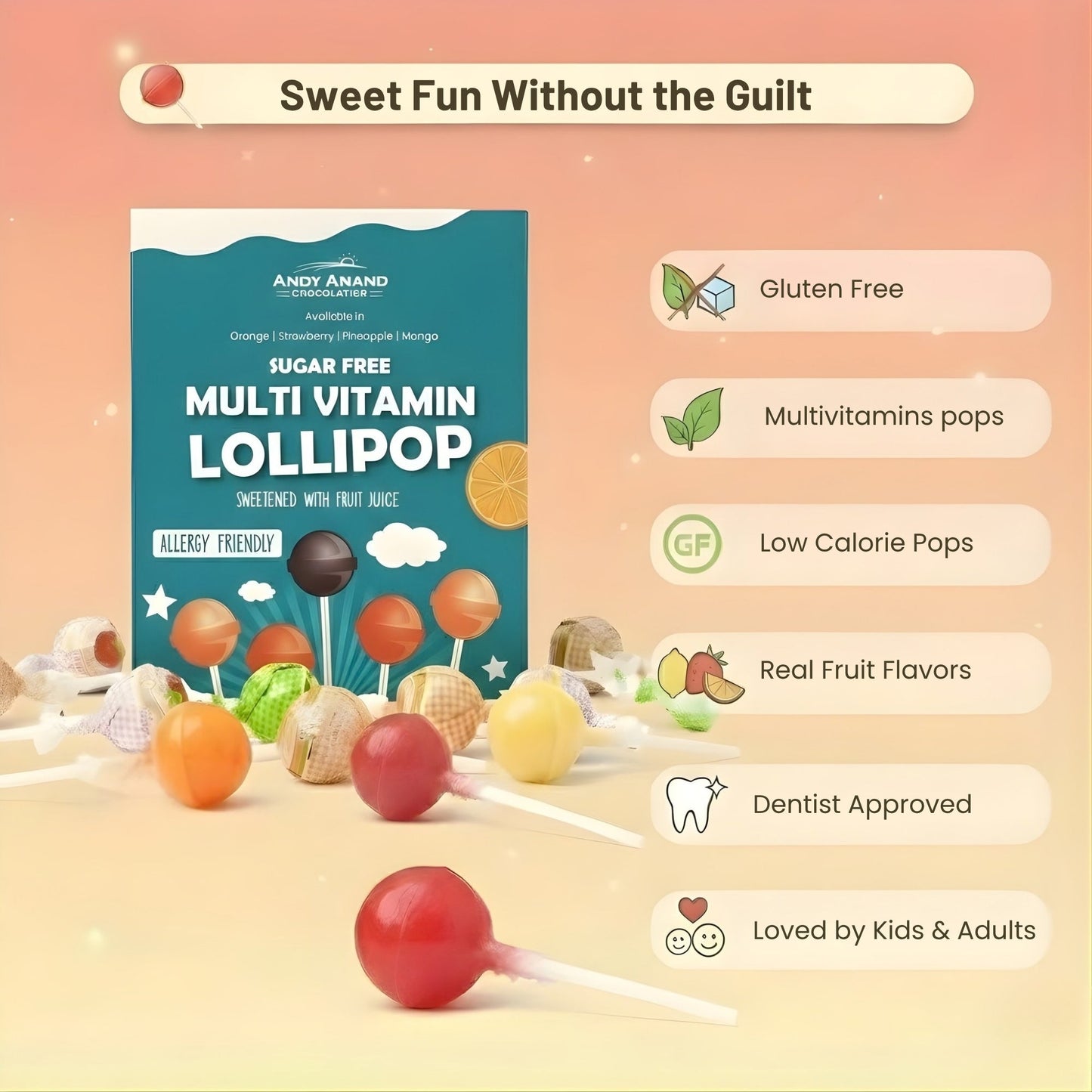 ndy Anand SugarA-Free Multivitamin Lollipops, 29 ct, 8.8 oz – Real Fruit Juice, Keto, Kids Multivitamin Support, Birthday & Holiday Gift