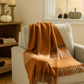 Brushed Orange Acrylic & New Zealand Wool Throw Blanket with Stripes & Fringe