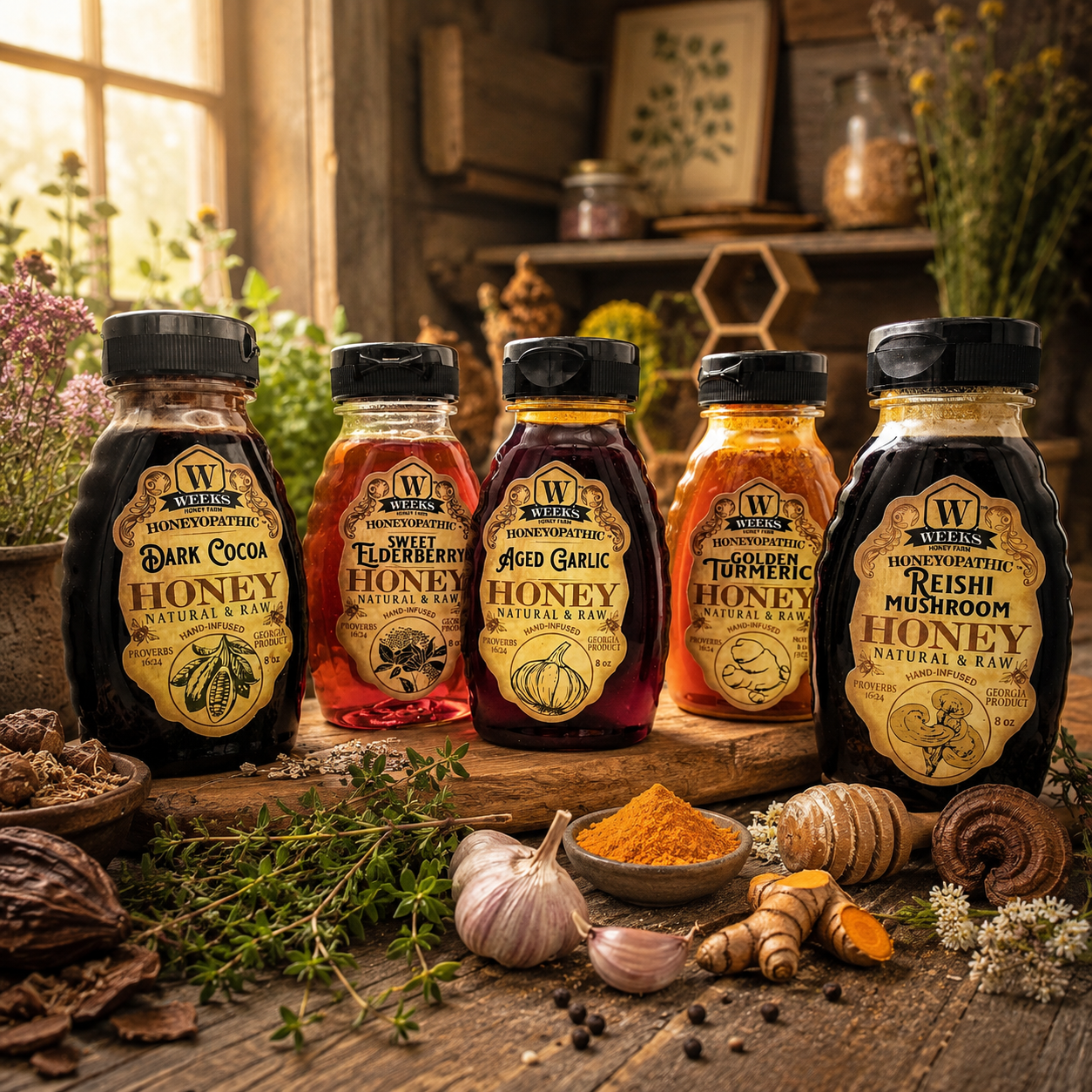 Honeyopathic™ Wellness Honey Bundle – 5 Flavors (5 x 8 oz) | Weeks Honey Farm